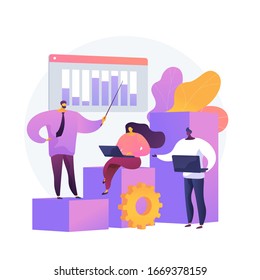 Business innovation presentation. Analytics report, statistics chart, forkflow. Analysts and team leader cartoon characters standing on growing graph. Vector isolated concept metaphor illustration.