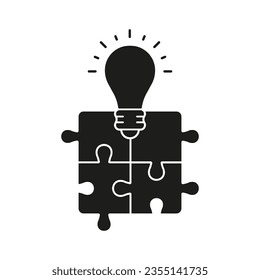 Business Innovation, Problem Solving Glyph Pictogram. Creative Solution. Puzzle and Lightbulb Concept Silhouette Icon. Jigsaw with Light Bulb Solid Sign. Isolated Vector Illustration.