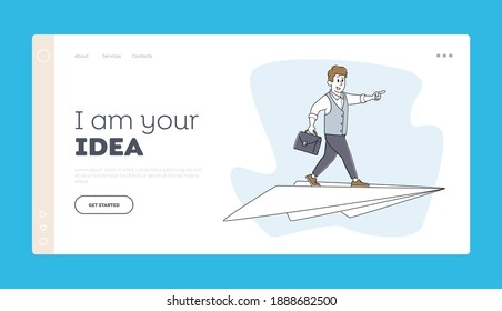 Business Innovation, Startup or Aim Achievement Landing Page Template. Businessman Character Flying on Huge Paper Airplane Pointing Forward. Creative Successful Project. Linear Vector Illustration
