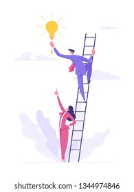 Business Innovation Teamwork Success Concept with People Characters on Stairs as Career Development. Banner with Creative Man and Woman working Together with Light Bulb. Flat Vector Illustration