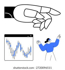 Unternehmensinnovation, Technologie, Datenanalyse, virtuelle Realität, Börse, Finanzwachstum. Handaufzeichnung, Stockchart und Frau in VR-Brille. Innovative und technologische Unternehmenskonzepte