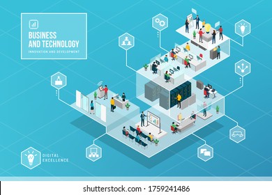 Business innovation and technology isometric infographic: technological innovation and tasks in a corporate IT company