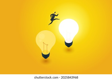 Business innovation transformation concept adaptation using new creativity to move beyond the original idea. Businessman jumping from old light bulb to new light bulb. Vector illustration.