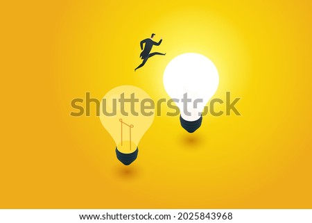 Business innovation transformation concept adaptation using new creativity to move beyond the original idea. Businessman jumping from old light bulb to new light bulb. Vector illustration.