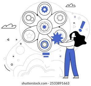 Business innovation vector illustration. Uniqueness is lighthouse guiding ships business through stormy seas Intelligence is craftsman carving sculptures success in world business Progress is compass