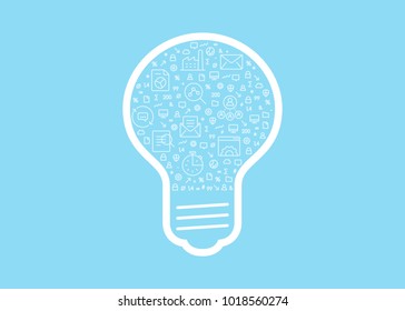 Business innovation vector symbol filled with small icons isolated on light blue background.