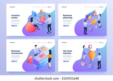 Business innovations isometric landing page templates set. Creative centre, business planning and investment, website homepages. Company departments staff, workers cartoon characters