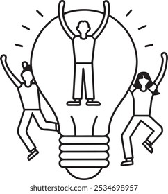 business solução inovadora, ideia de inovação para impulsionar o sucesso da equipe, comunidade ou invenção ajudar a empresa a alcançar o conceito de objetivo, os empresários trabalho em equipe ajudam a carregar grande lâmpada inteligente Estilo desenhado à mão
