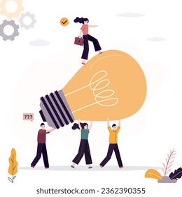 Business innovative solution, team brainstorming, pitching ideas. Invention help company achieve goals, smart people, teamwork help carry big lightbulb. Leader woman point right way to development.
