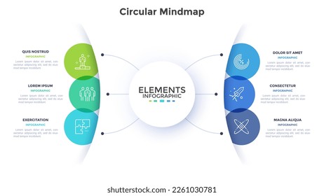 Business and innovative technology circular mindmap infographic design template. Corporate processes integrity visualization. Informative chart with 6 steps. Data presentation material