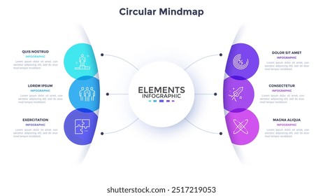 Empresa e tecnologia inovadora modelo de design de infográfico de mindmap circular. Visualização da integridade dos processos corporativos. Gráfico informativo com 6 etapas. Material de apresentação de dados