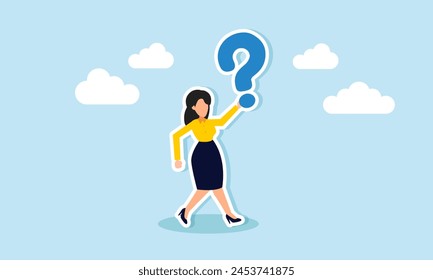 La investigación empresarial, la incertidumbre, las soluciones creativas y la resolución de problemas para navegar la ambigüedad, el concepto de mujer de negocios segura de sí misma tiene un signo de interrogación Grande, contemplando soluciones