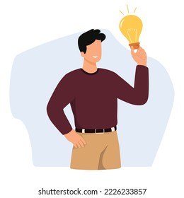 Business insight, creative thought and inspiration concept. Happy smart person finding solution and having brilliant idea.  Vector illustration.