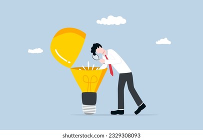 Business insight, deep understanding to make decision better, in-depth analysis for competitive advantage concept, Businessman looking into light bulb inside.
