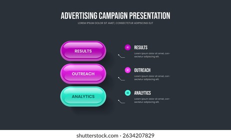 Business Insight Three Option Diagram Slide Template. Service Proposal Slideshow Layout Vector Illustration. Professional Campaign 3 Step Infographic Presentation Design.
