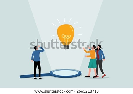 Business insights intelligence information for competitive advantage and win competition, discover business outlook concept, team looking at lightbulb floating from magnifying glass.