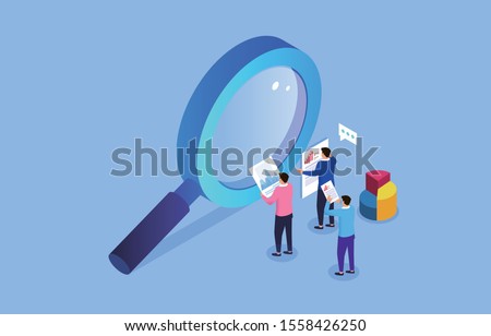 Business insights and opinions, three businesses holding a report stand next to a magnifying glass