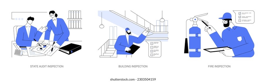 Business inspections abstract concept vector illustration set. State audit inspection, building and fire check reports, tax control and income calculation, bureaucratic procedures abstract metaphor.