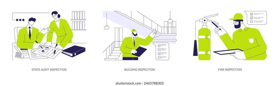 Business inspections abstract concept vector illustration set. State audit inspection, building and fire check reports, tax control and income calculation, bureaucratic procedures abstract metaphor.