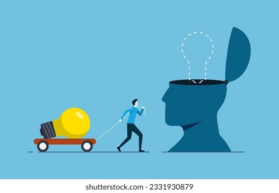Business inspiration concept, businessman pulling lightbulb to reach head symbol, sharing knowledge, idea of business, and brainstorming  