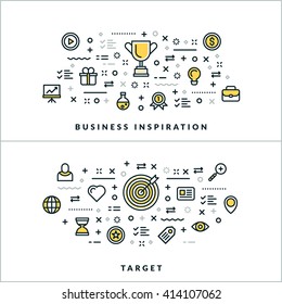 Business Inspiration and Target. Vector Flat Thin Line Illustration for Website Banner or Header. Flat Line Icons and Geometric Design Elements