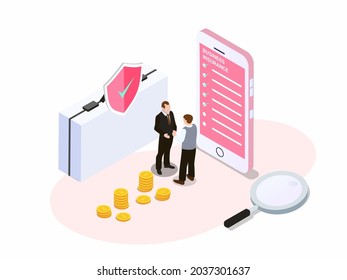 Business insurance agent and client talking about business insurance cost and coverage list on the mobile apps. Isometric vector concept