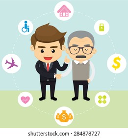 Business insurance character and icons template. Vector illustrations.