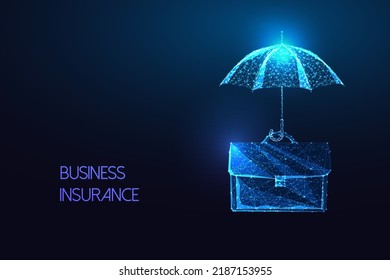 Business insurance concept with briefcase and protective umbrella in futuristic glowing style