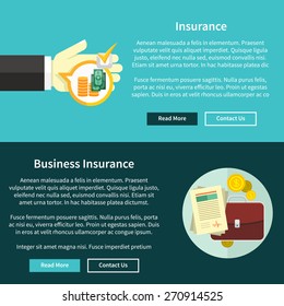 Business insurance concept in flat style on banners with text and buttons read more and contact us. Can be used for web banners, marketing and promotional materials, presentation templates 