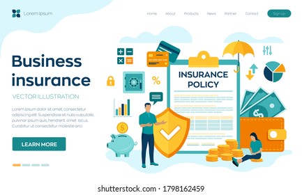 Business insurance. Concept of money protection, financial saving insurance, safe business economy. Colourful flat style vector illustration with characters and icons.