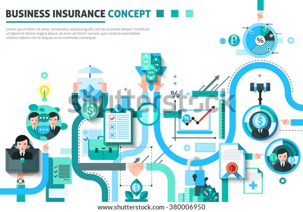  Business insurance concept with money and\
risk symbols flat vector illustration\

