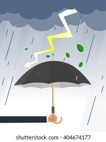 Business insurance flat vector concept. Mans hand holding umbrella, protecting white copy space from stormy weather with falling rain, leaves flying in wind gust and lightning striking from cloudy sky