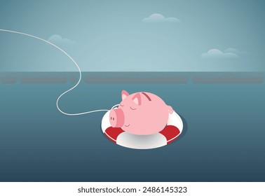 Business insurance, government helping policy in financial crisis or safety for personal savings, pink piggy bank floating on lifebuoy in ocean.