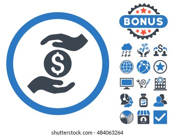 Business Insurance Hands icon with bonus pictures. Vector illustration style is flat iconic bicolor symbols, smooth blue colors, white background.