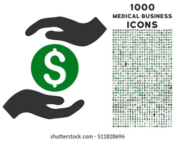 Business Insurance Hands vector bicolor icon with 1000 medical business icons. Set style is flat pictograms, green and gray colors, white background.