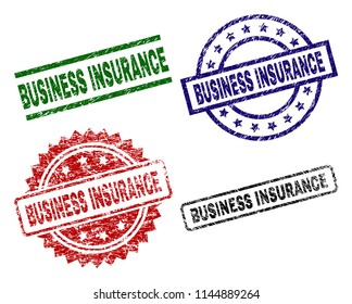 BUSINESS INSURANCE seal prints with distress surface. Black, green,red,blue vector rubber prints of BUSINESS INSURANCE caption with scratched surface. Rubber seals with round, rectangle, medal shapes.