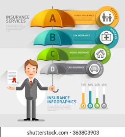 Business insurance services conceptual. Business man holding an umbrella. Vector illustrations.Can be used for workflow layout, banner, diagram, number options, web design, timeline, infographics.