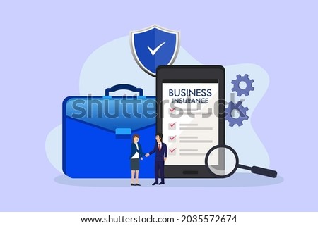 Business insurance vector concept: Young man and woman handshaking while standing with business insurance form on mobile phone