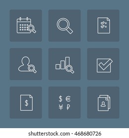 Business Integrated Audit Icon Set. Thin Outline Symbols Of Financial, Annual And Hr Audit With Icons Of Calendar, Magnifying Glass, Document, Employee, Chart, Tick, Fiscal Report, Signs Of Currency