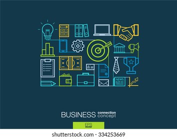 Business integrated thin line symbols. Modern linear style vector concept, with connected flat design icons. Illustration for strategy, service, analytics, research, career, digital marketing concepts