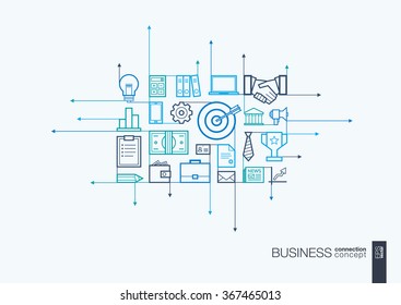 Business integrated thin line symbols. Motion arrows vector concept, with connected flat design icons. Illustration for strategy, service, analytics, research, career, digital marketing concepts