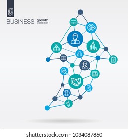 Business integrated thin line web icons. Graph chart growth, progress and success in arrow up shape. Digital network concept. Connected polygon system. Market mission, strategy plan vector background