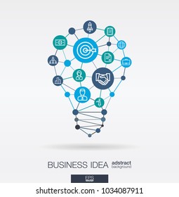 Business integrated thin line web icons. Idea, solution in light bulb shape. Digital network concept. Connected polygons and circles system. Market mission, strategy plan abstract background. Vector