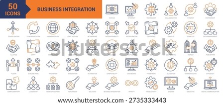Business Integration colored line icon collection set. Containing strategy, technology, collaboration, synergy, partnership, consolidation, alliance, fusion, complementary, synchronization icons