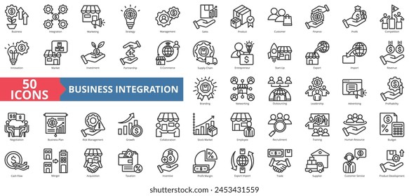 Business integration icon collection set. Containing collaboration, marketing, strategy, management, sales, product, customer icon. Simple line vector.