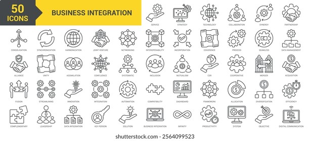 Business Integration icon collection set. Containing strategy, technology, collaboration, synergy, partnership, consolidation, alliance, fusion, complementary, synchronization icon. Simple line vector