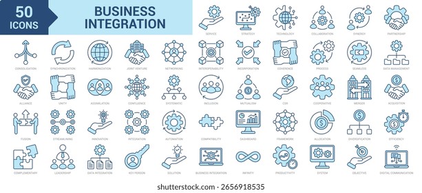 Conjunto de colecciones de iconos de integración empresarial. Contiene estrategia, tecnología, colaboración, sinergia, asociación, consolidación, alianza, fusión, complementario, icono de sincronización. Vector azul simple