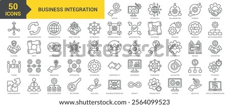 Business Integration icon collection set. Containing strategy, technology, collaboration, synergy, partnership, consolidation, alliance, fusion, complementary, synchronization icon. Simple line vector