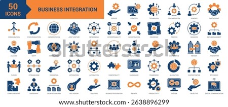 Business Integration icon collection set. Containing digital, technology, data, integration, business, system, management, synergy, service, productivity, synchronization icon. Simple flat vector