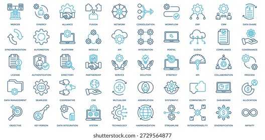 Symbolsatz für die Unternehmensintegration Mit Fusion, Synergie, Allianz, Netzwerk, Workflow, ERP, CRM-Symbol. Gliederungsfarbstil